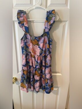 Ruffled Strap Floral Tiered Dress - Blue & Pink